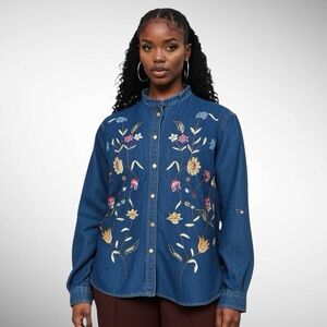 Coldwater Creek 100% Cotton Floral Embroidered Buttonfront Denim Jacket